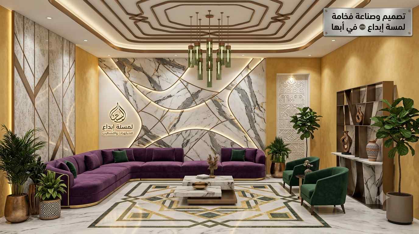 تركيب فوم ثلاثي الأبعاد للجدران في صالة منزل بخميس مشيط مع إضاءة مخفية وتصميم هندسي عصري